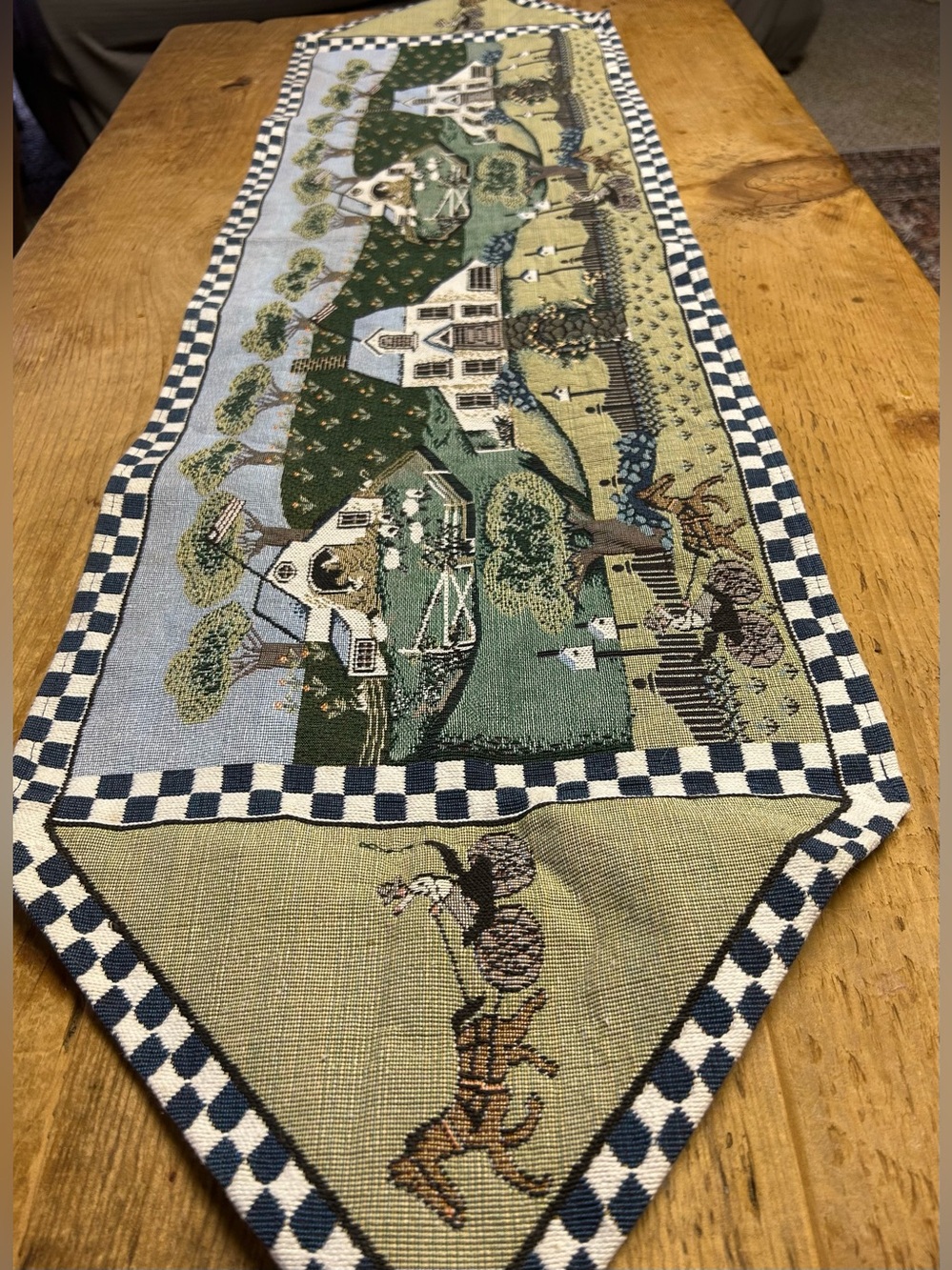 Country Cottage Tapestry Table Runner in Green and Blue
